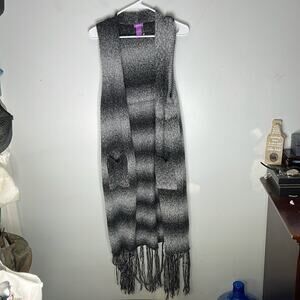 OLIVIA M Gray Gradient Fringe Detail Acrylic Knit Long Vest Cardigan Size Large